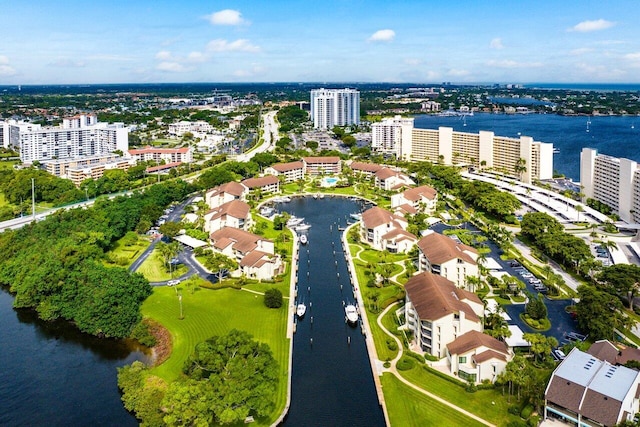 birds eye view of property featuring a water view