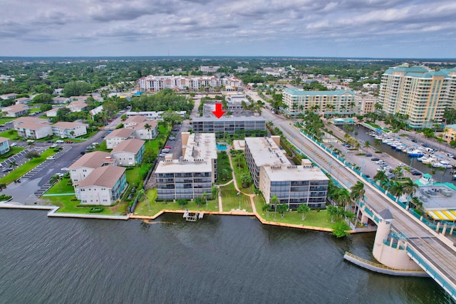 bird's eye view with a water view