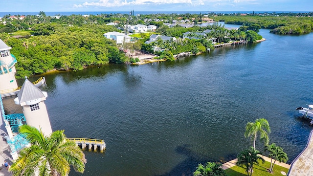 drone / aerial view featuring a water view