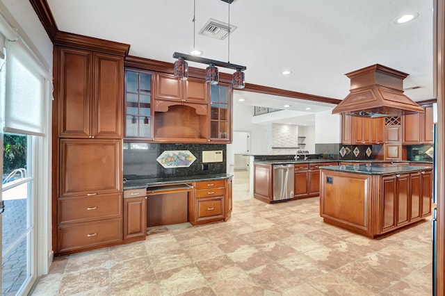 930 N Parkside Cir N, Boca Raton, FL 33486 - kitchen with visible vents, dishwasher, stovetop, brown cabinets, and island range hood