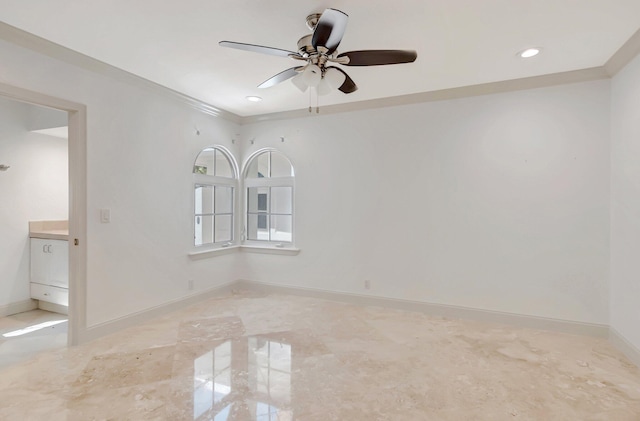 930 N Parkside Cir N, Boca Raton, FL 33486 - empty room featuring crown molding, baseboards, recessed lighting, marble finish floor, and a ceiling fan