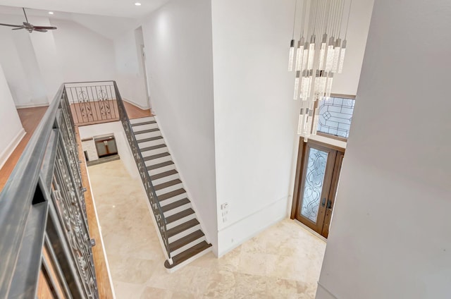 930 N Parkside Cir N, Boca Raton, FL 33486 - entryway with recessed lighting, a ceiling fan, french doors, and high vaulted ceiling