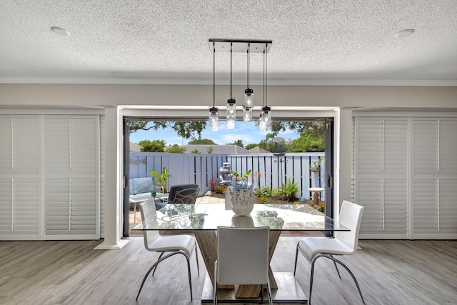 dining space with light wood-type flooring, a textured ceiling, and plenty of natural light