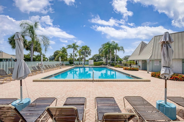 view of swimming pool with a patio