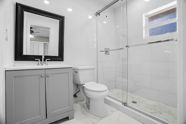100 SW 15th Ct, Boca Raton, FL 33486 - bathroom with marble finish floor, toilet, a ceiling fan, vanity, and a stall shower