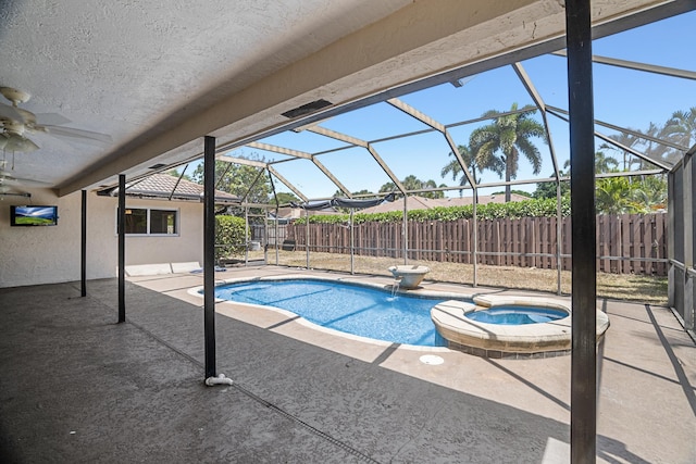 100 SW 15th Ct, Boca Raton, FL 33486 - view of pool with a lanai, fence, ceiling fan, a pool with connected hot tub, and a patio area