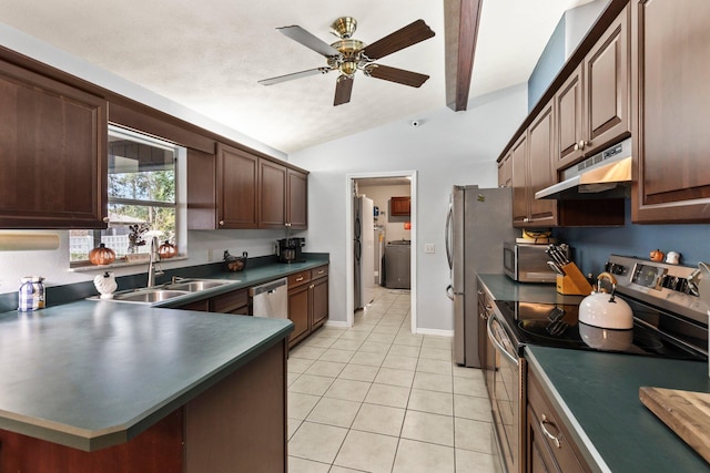 kitchen featuring ceiling fan, sink, lofted ceiling with beams, light tile patterned flooring, and appliances with stainless steel finishes