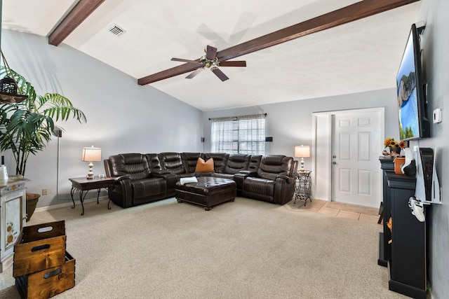 living room with light carpet, lofted ceiling with beams, and ceiling fan