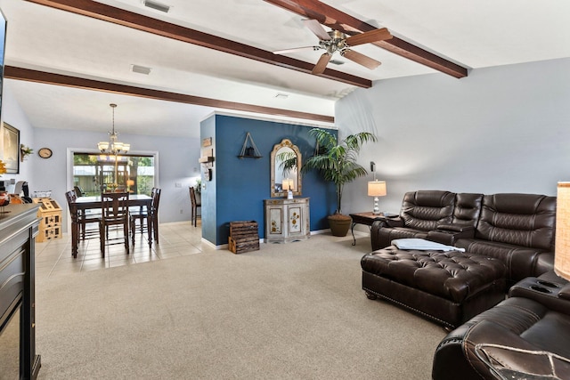 living room featuring ceiling fan with notable chandelier, beam ceiling, and light colored carpet