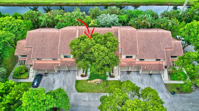 aerial view featuring a water view