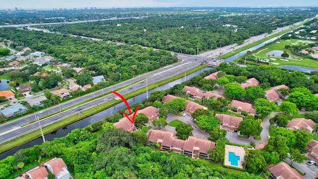 aerial view featuring a water view