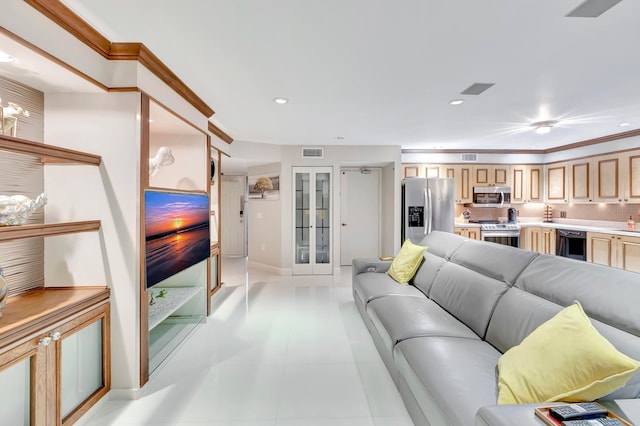 living room featuring ornamental molding