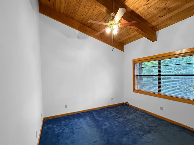 spare room with vaulted ceiling with beams, ceiling fan, wooden ceiling, and dark colored carpet