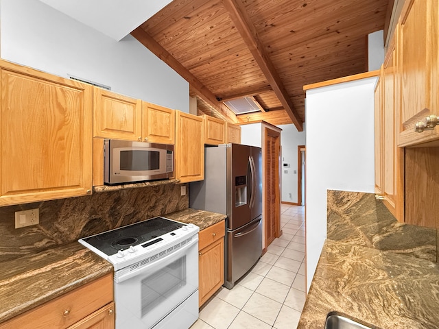 kitchen featuring vaulted ceiling with beams, decorative backsplash, white electric range, and wood ceiling