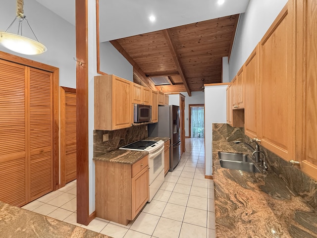 kitchen featuring sink, wooden ceiling, stainless steel appliances, lofted ceiling with beams, and pendant lighting