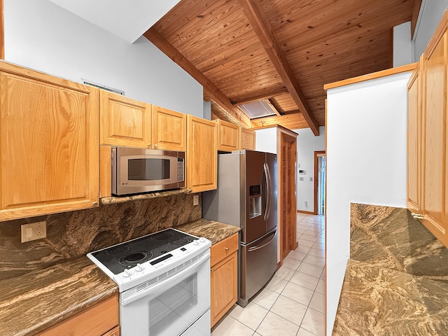 kitchen featuring wooden ceiling, tasteful backsplash, lofted ceiling with beams, light tile patterned floors, and appliances with stainless steel finishes