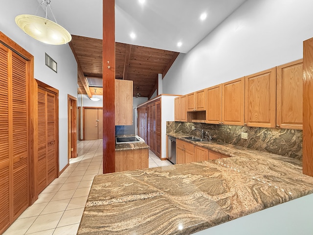 kitchen featuring cooktop, high vaulted ceiling, decorative backsplash, light tile patterned floors, and wood ceiling