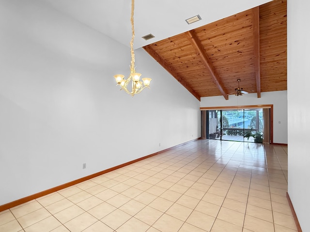 tiled empty room featuring vaulted ceiling with beams, ceiling fan with notable chandelier, and wood ceiling