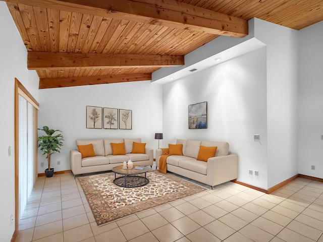 living room with lofted ceiling with beams, wooden ceiling, and light tile patterned floors