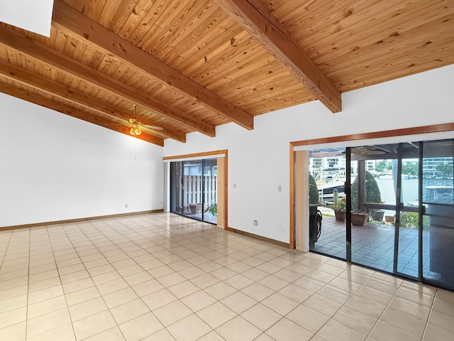 unfurnished room featuring beam ceiling, light tile patterned floors, ceiling fan, and wood ceiling