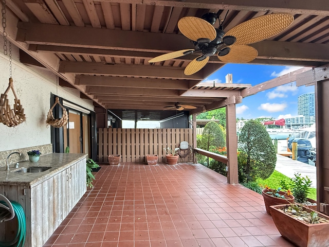 view of patio / terrace featuring ceiling fan and sink