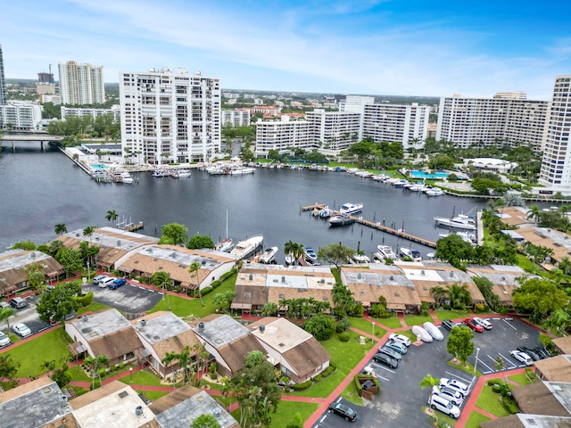 bird's eye view with a water view