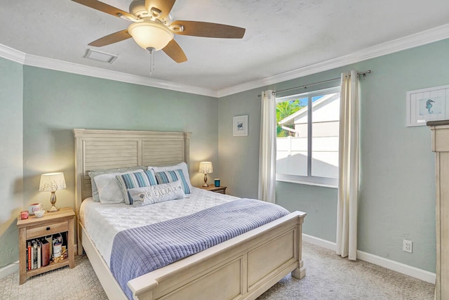 704 Eastwind Dr, North Palm Beach, FL 33408 - bedroom with a ceiling fan, visible vents, light carpet, baseboards, and ornamental molding