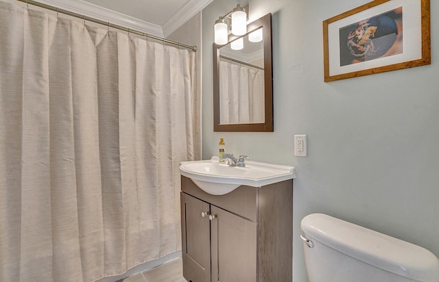 bathroom featuring vanity, toilet, crown molding, and curtained shower