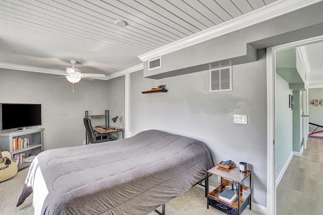 bedroom with crown molding, wooden ceiling, light wood-type flooring, and ceiling fan