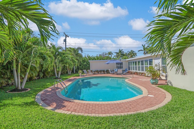 view of swimming pool with a yard and a patio