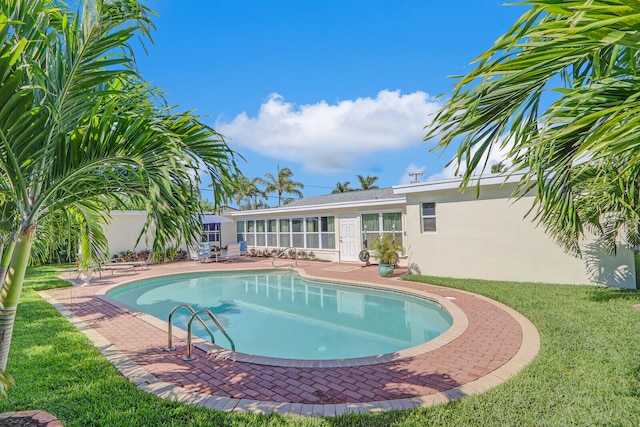 view of swimming pool featuring a patio area and a lawn