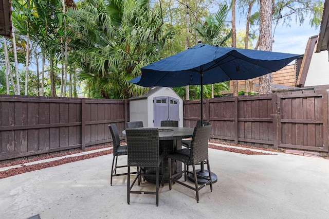 view of patio / terrace with a storage shed