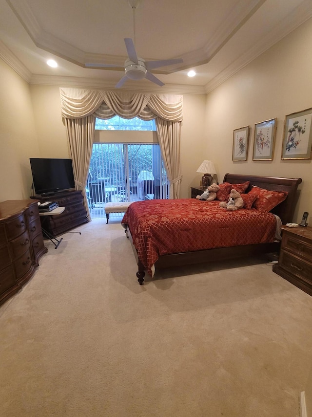 bedroom featuring access to outside, crown molding, and carpet flooring