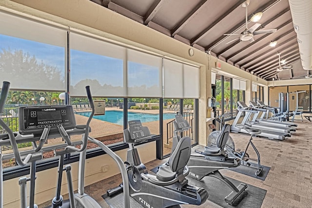 workout area featuring vaulted ceiling, carpet flooring, and ceiling fan