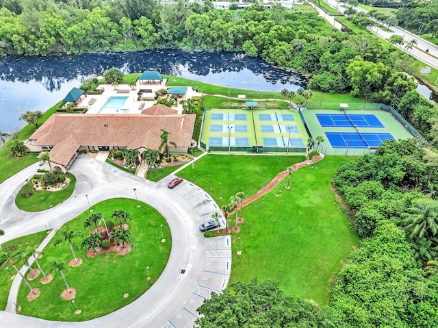 drone / aerial view featuring a water view