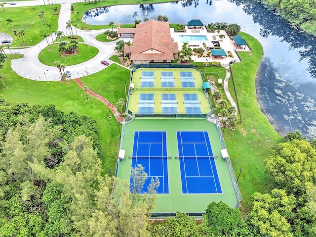 birds eye view of property featuring a water view