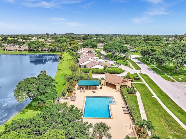 drone / aerial view featuring a water view