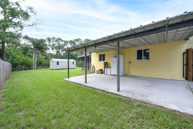 exterior space with a shed