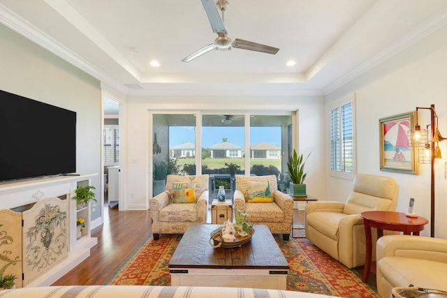 living room featuring a wealth of natural light, ceiling fan, a tray ceiling, and dark hardwood / wood-style flooring