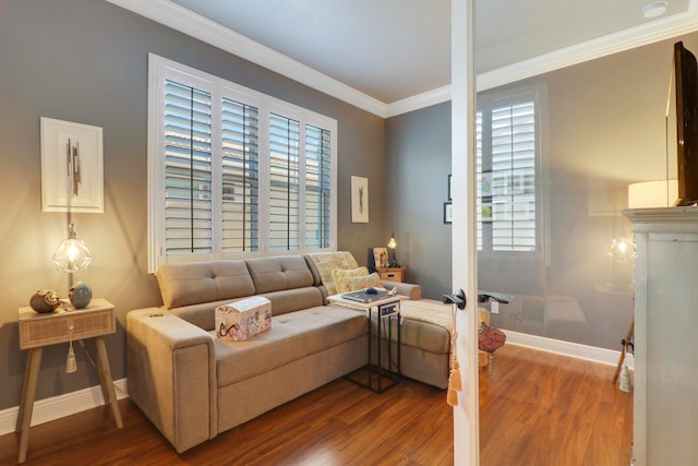 living room featuring ornamental molding and wood-type flooring