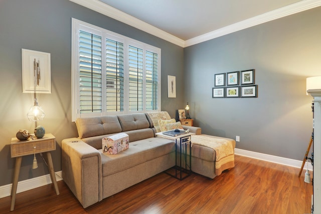 living room featuring ornamental molding and dark hardwood / wood-style flooring