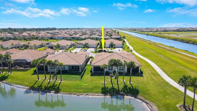 bird's eye view with a water view