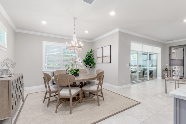 tiled dining space featuring an inviting chandelier, crown molding, and a healthy amount of sunlight