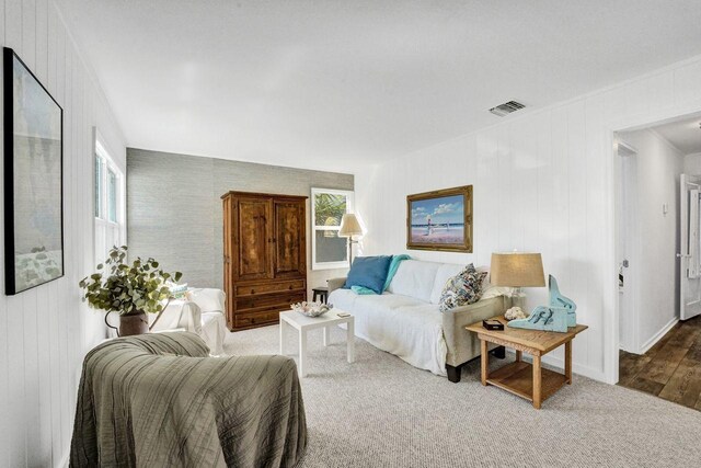 carpeted living area with visible vents