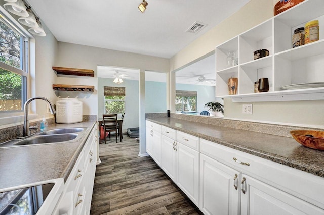 kitchen with dark hardwood / wood-style flooring, white cabinets, and sink