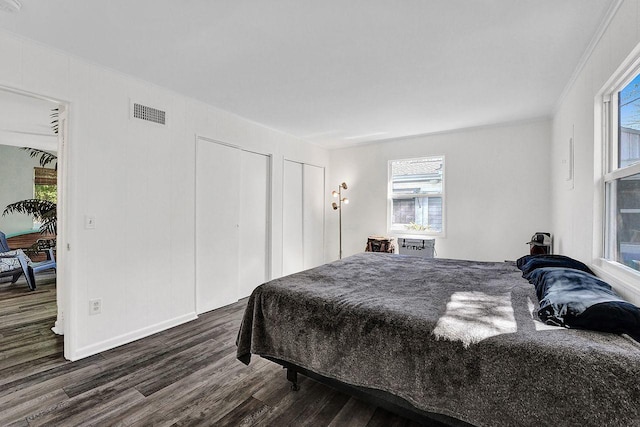 bedroom with multiple closets, dark wood-type flooring, and crown molding