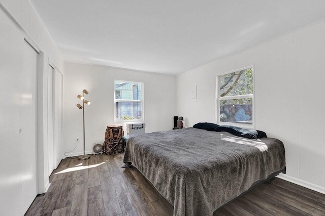 bedroom featuring multiple windows and dark hardwood / wood-style floors