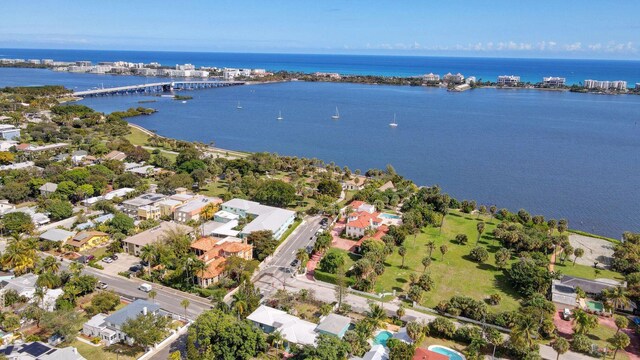 bird's eye view with a water view