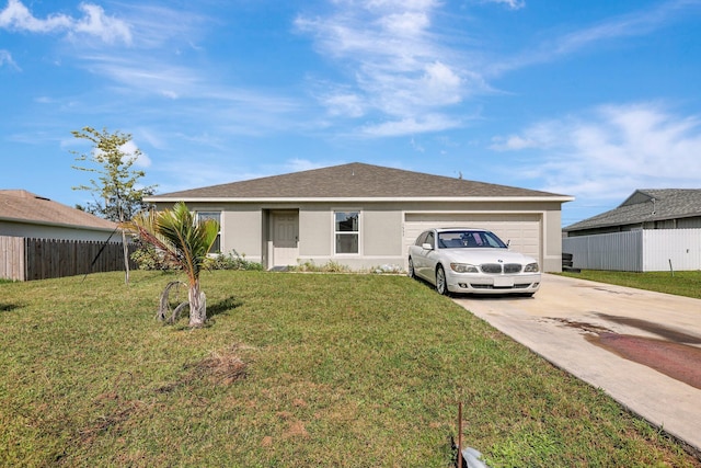 ranch-style home with a front yard and a garage