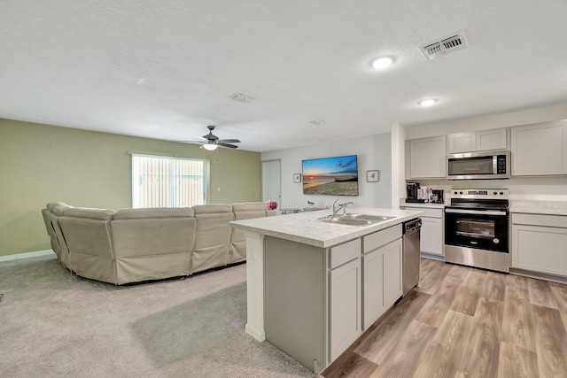 kitchen featuring sink, ceiling fan, stainless steel appliances, light hardwood / wood-style flooring, and a center island with sink